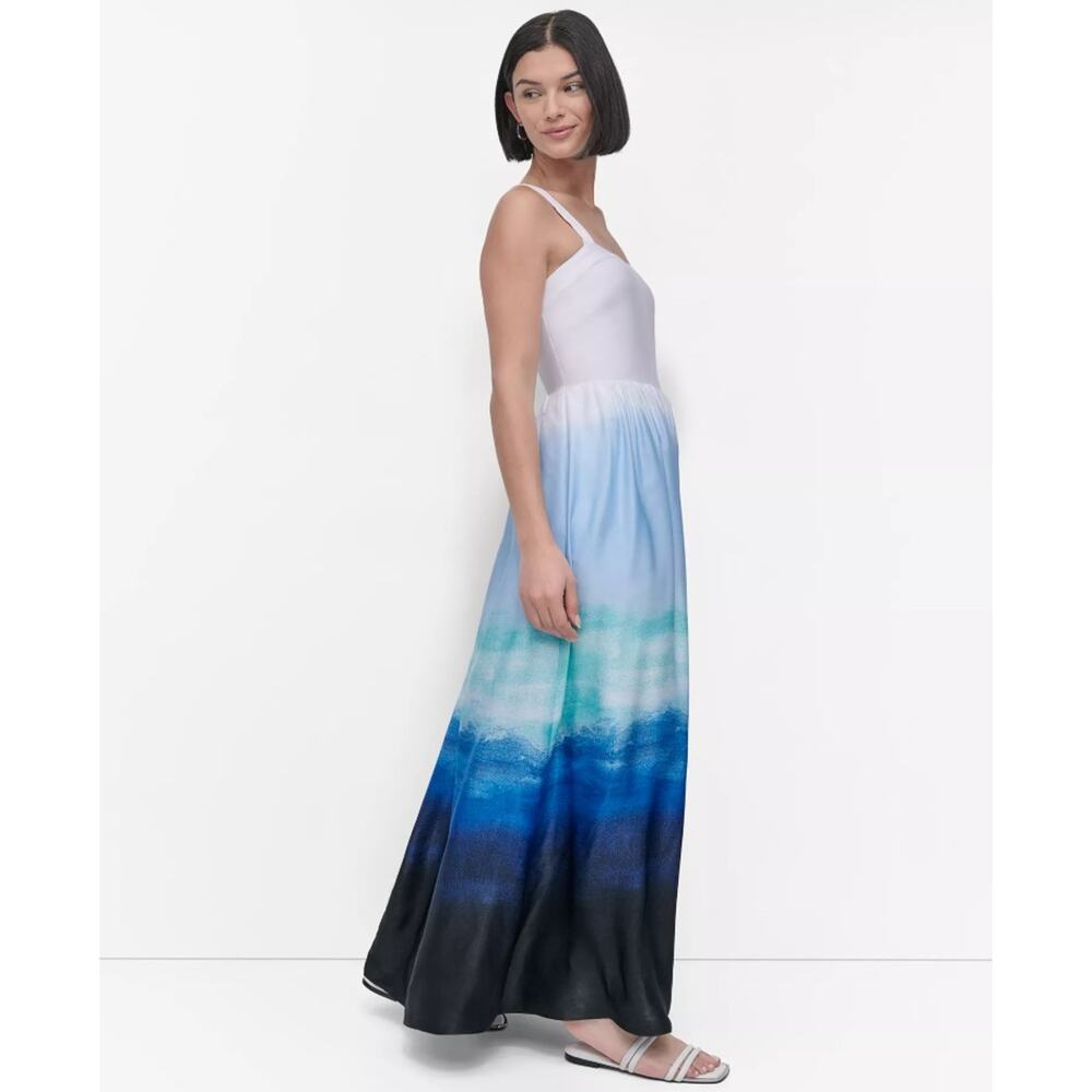 DKNY Women Seafoam Ombre Printed Satin Sleeveless Fit & Flare Maxi Dress Size S - Picture 3 of 10